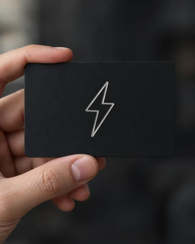 The matte black ZapCard held between thumb and fingers, its silver foil bolt facing out